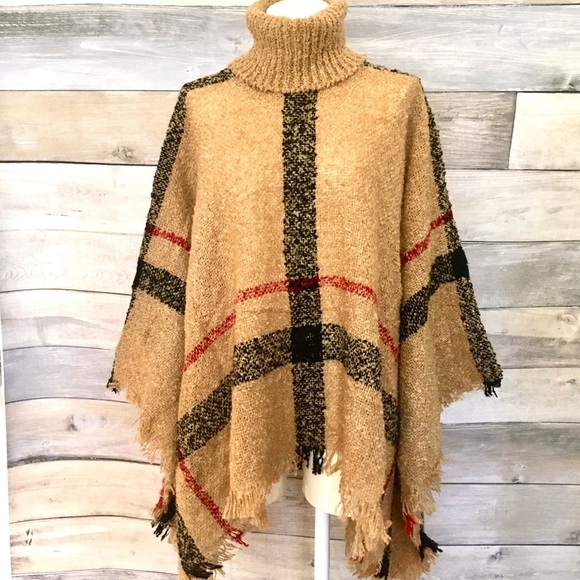 Camel mocha plaid turtleneck poncho wrap NWT - Picture 2 of 8